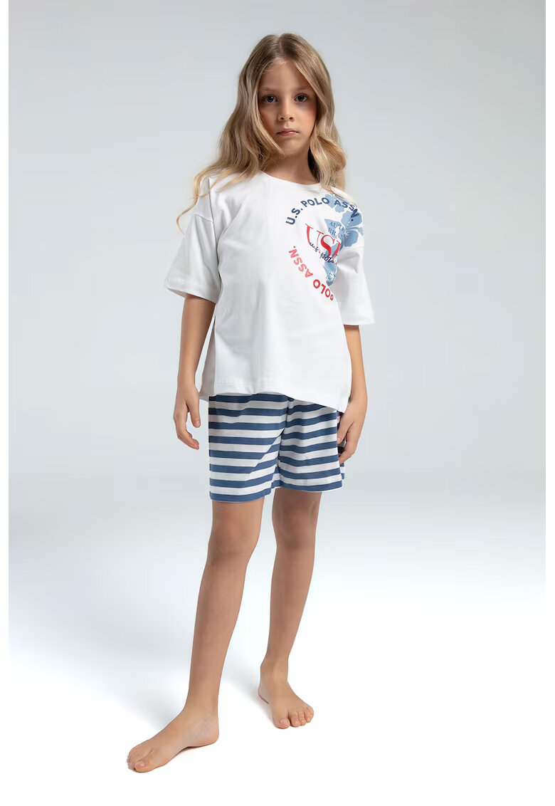 US Polo Assn Trening lejer de bumbac cu pantaloni scurti si imprimeu - Alb/Albastru pastel/Portocaliu persan