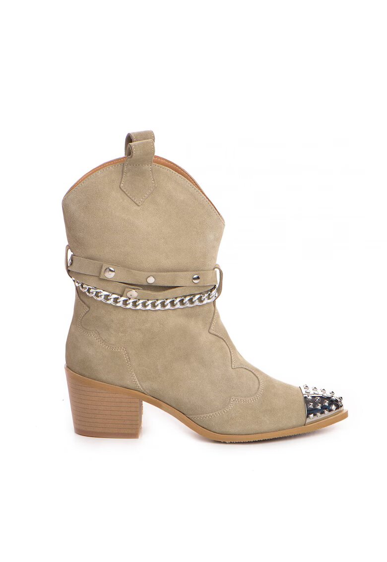 Vanilla Botine cowboy din piele intoarsa - cu aplicatii metalice si tinte Odyssey - Bej