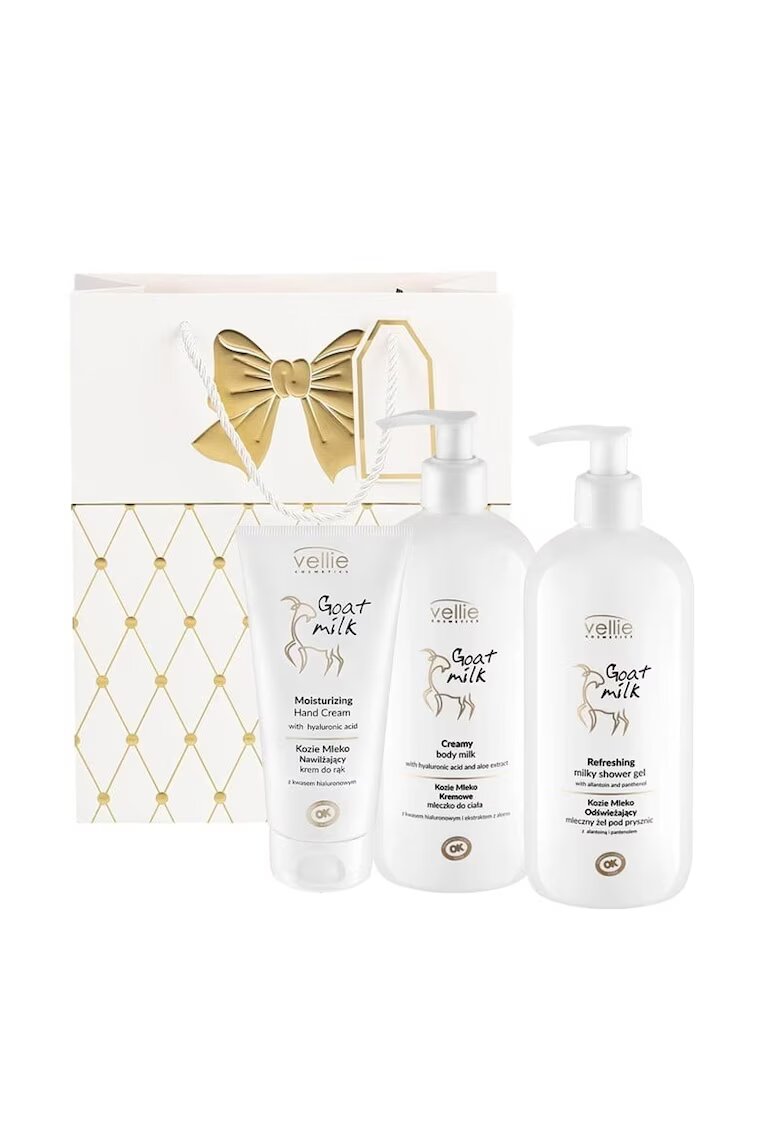 Vellie Cosmetics Set Goat Milk – Crema hidratanta de maini - 100 ml - Lapte de corp cremos - 500 ml si Gel de dus - 500 ml