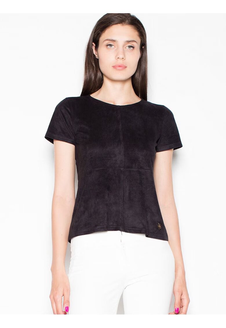 Venaton Bluza dama - neagra - cu maneci scurte din piele intoarsa - fermoar decorativ auriu