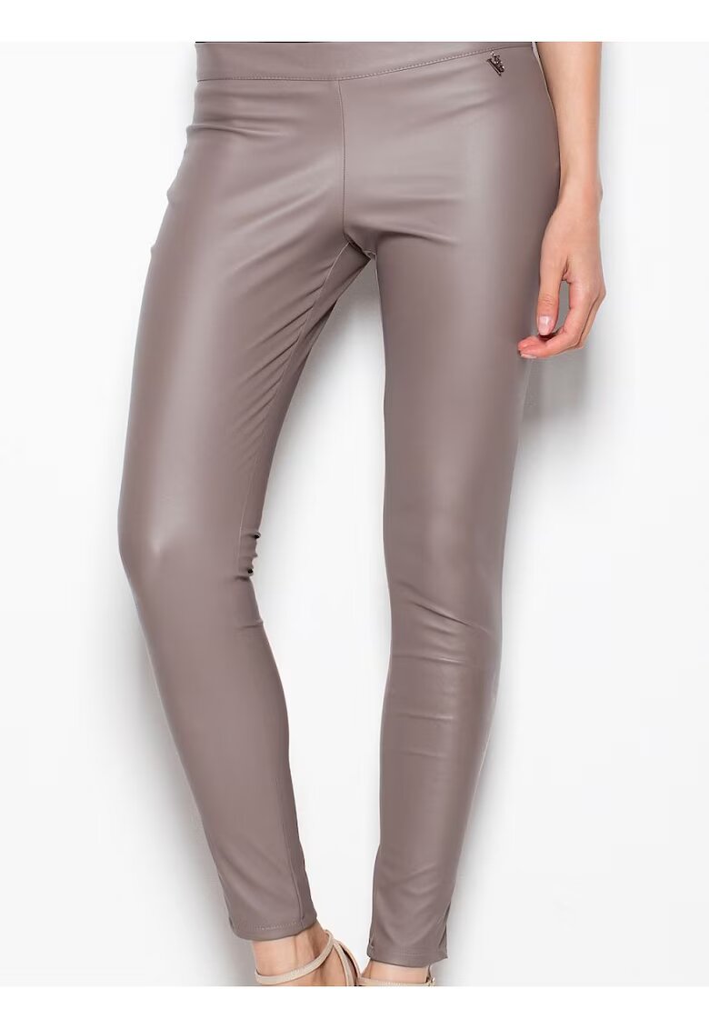 Venaton Pantaloni dama eleganti - bej - imitatie de piele - cu fermoar lateral -