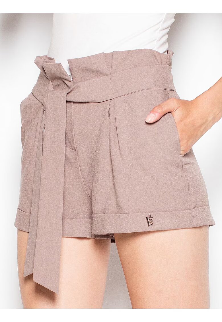 Venaton Pantaloni scurti dama bej - talie cu centura - buzunare laterale - poliester -