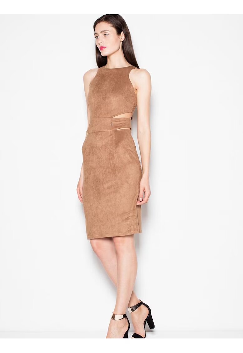 Venaton Rochie de seara maro - imitatie piele de caprioara - decupaje talie - elastan 5%