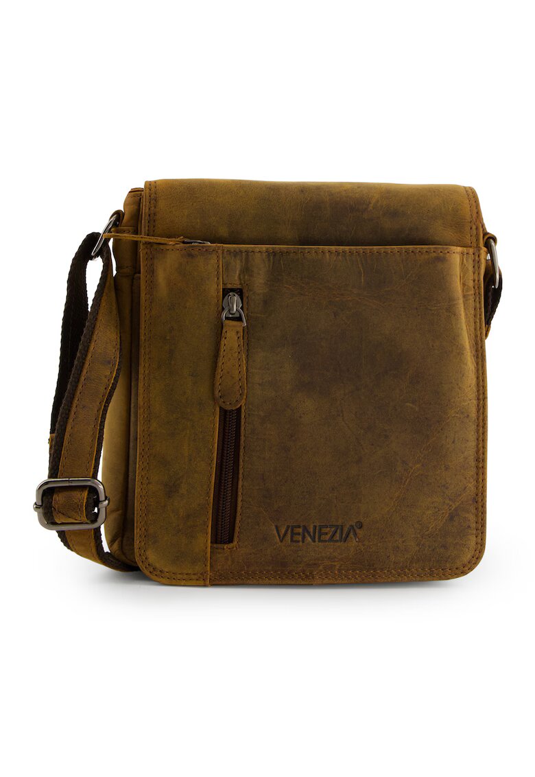 VENEZIA Geanta barbati - crossbody - piele naturala - maro - 22x6x7cm - set cu 3 buzunare interioare si 3 exterioare