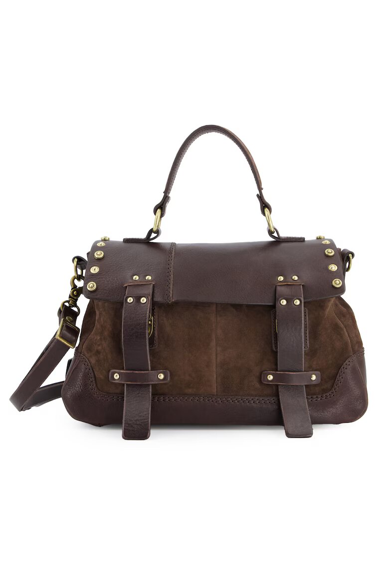 VENEZIA Geanta crossbody dama piele intoarsa - maro - 21x35x15cm - 5 buzunare interioare - curea detasabila max 114cm