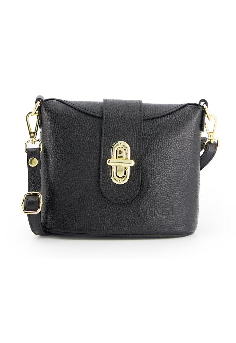VENEZIA Geanta crossbody dama piele naturala - 18x20x9cm - curea detasabila max 138cm - Negru