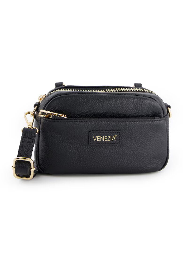 VENEZIA Geanta crossbody dama piele naturala - neagra - 12x20x6cm - cu 2 buzunare interioare - curea detasabila max 128cm
