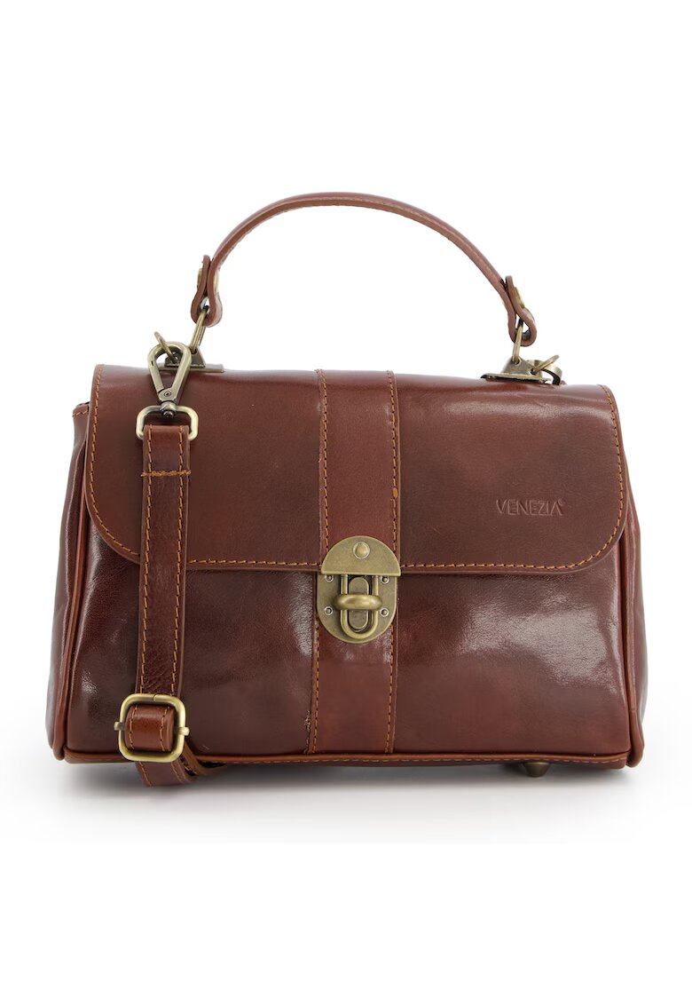 VENEZIA Geanta crossbody din piele naturala - 17x26x10cm - cu manere de 24cm - curea detasabila max 124cm - 2 compartimente interioare - Maro