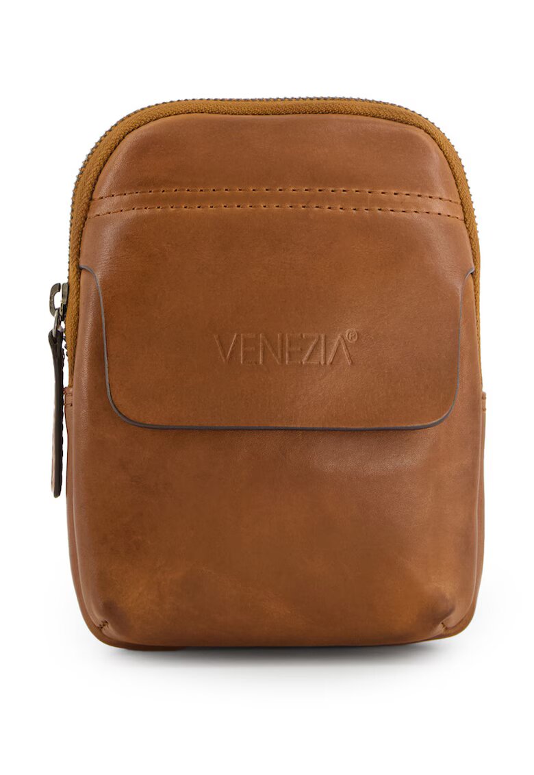 VENEZIA Geanta crossbody din piele naturala cu detaliu logo stantat - Maro