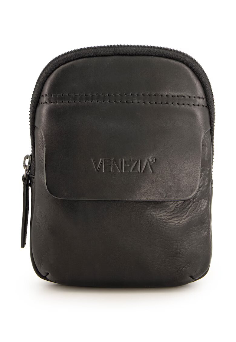 VENEZIA Geanta crossbody din piele naturala cu detaliu logo stantat - Negru