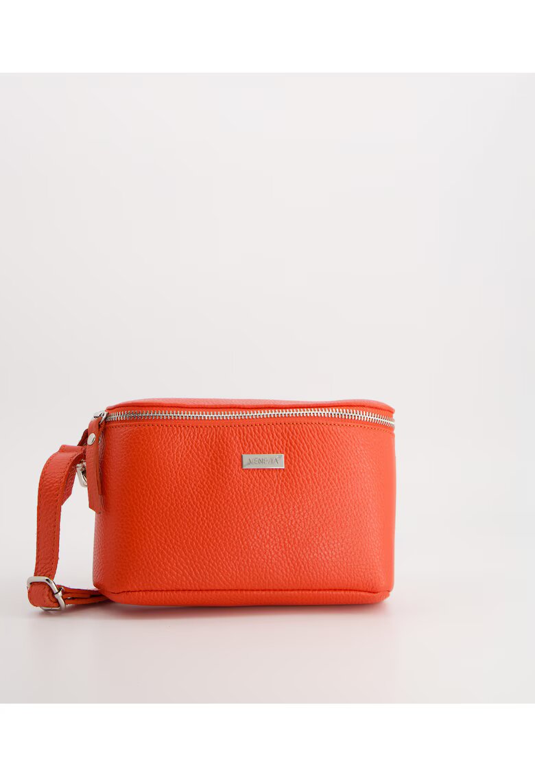 VENEZIA Geanta crossbody din piele naturala - rosie - 13x25x5cm - cu un compartiment interior - cu elemente argintii.