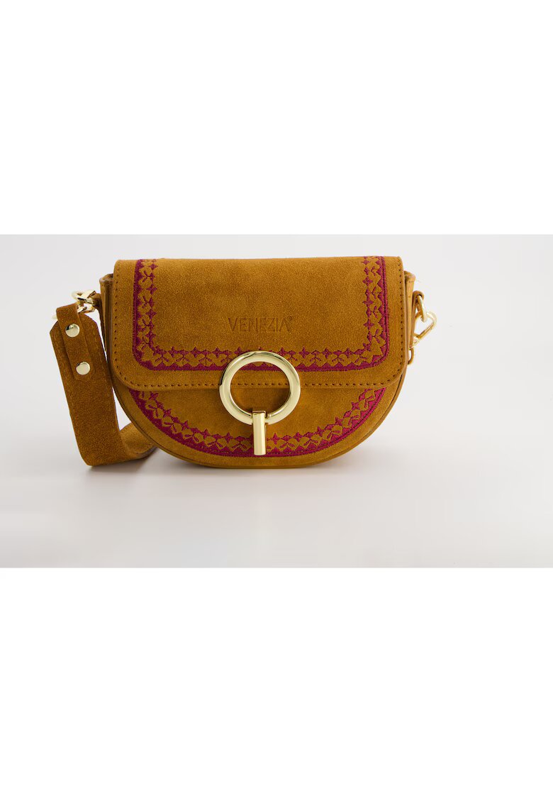 VENEZIA Geanta crossbody piele intoarsa - maro - dimensiuni 14x20x5cm - cu curea detasabila - compartimente interioare si exterioare.