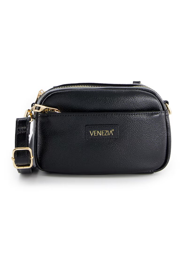 VENEZIA Geanta crossbody piele lacuita - neagra - 12x20x6cm - cu 2 buzunare interioare - curea detasabila max 128cm