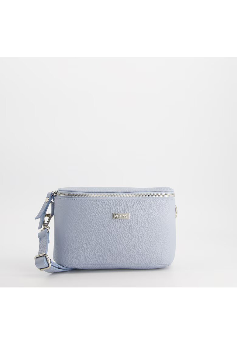 VENEZIA Geanta crossbody piele naturala - albastra - dimensiuni 25x13x5cm - cu elemente metalice argintii.