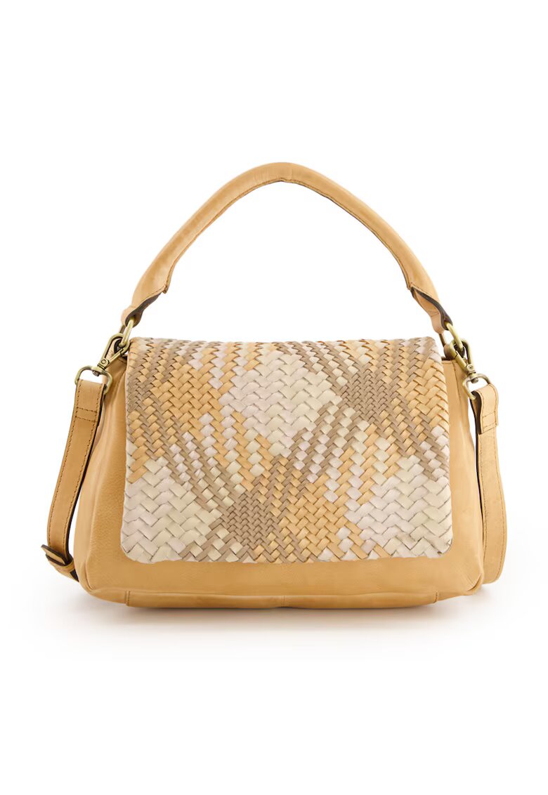 VENEZIA Geanta dama din piele naturala - crossbody - 3 compartimente - bej/maro - 29x20x10cm