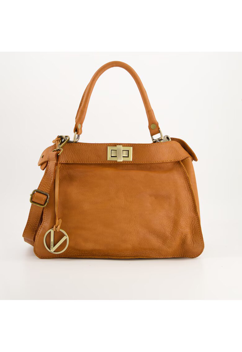 VENEZIA Geanta dama model Crossbody - piele naturala - maro - 35x26x17cm - curea detasabila - 3 buzunare.