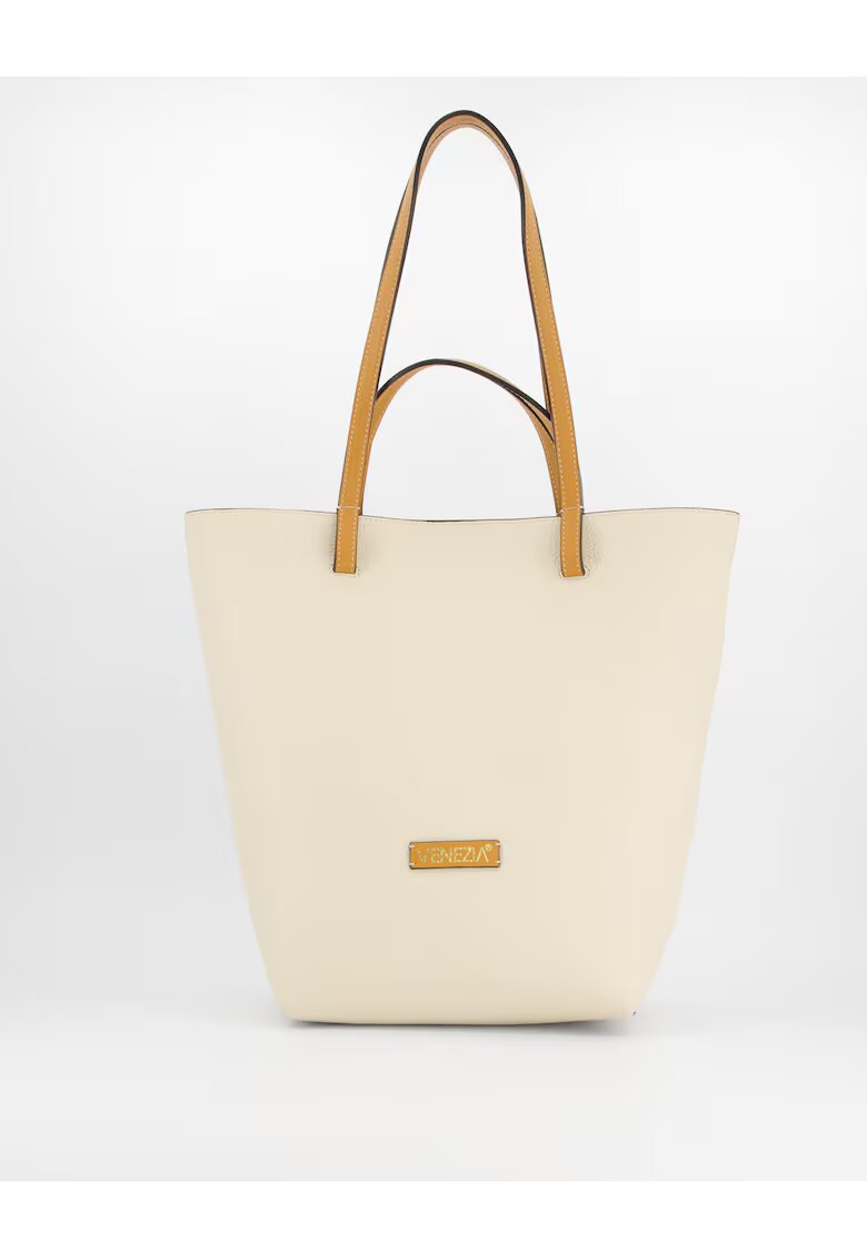 VENEZIA Geanta dama Shopper piele naturala 36x40x14cm manere maro - 1 buzunar interior - Bej
