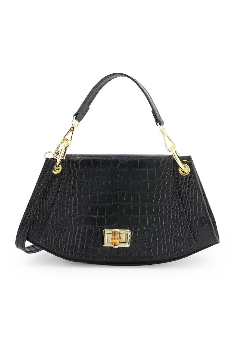 VENEZIA Geanta dama Shopper - piele naturala - neagra - 16x29x9cm - cu manere detasabile - 1 buzunar interior