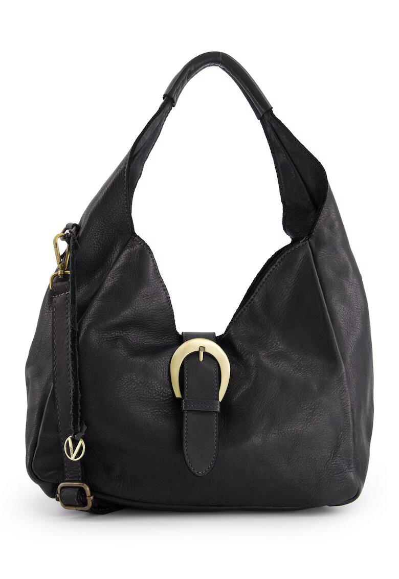 VENEZIA Geanta dama shopper - piele naturala - neagra - 27x44x15cm - 3 buzunare interioare - curea detasabila 103cm