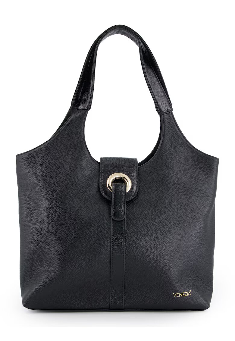 VENEZIA Geanta dama shopper - piele naturala - neagra - 32x35x9cm - 2 buzunare interioare - 1 buzunar exterior