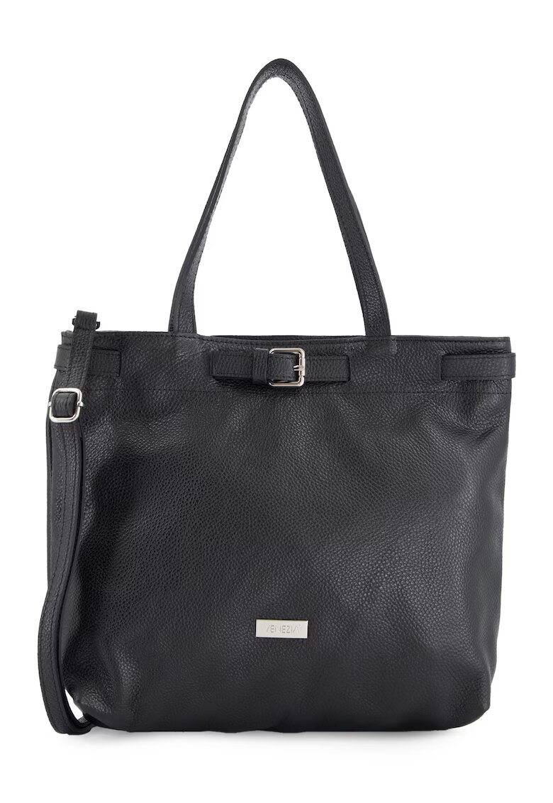 VENEZIA Geanta dama shopper piele naturala neagra 32x36x12cm cu 3 buzunare interioare - curea detasabila 126cm