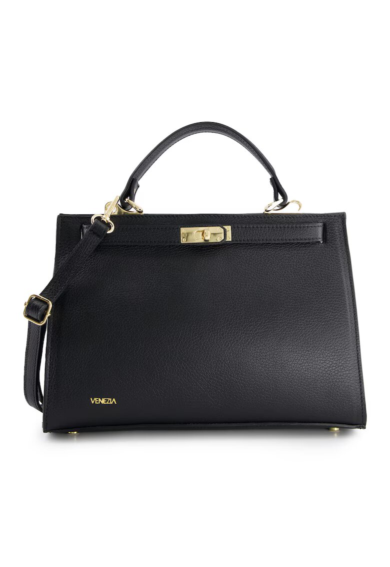 VENEZIA Geanta de dama Bucket din piele naturala - neagra - 31x22x13cm - cu manere de 30cm si curea detasabila de max. 120cm. - Negru