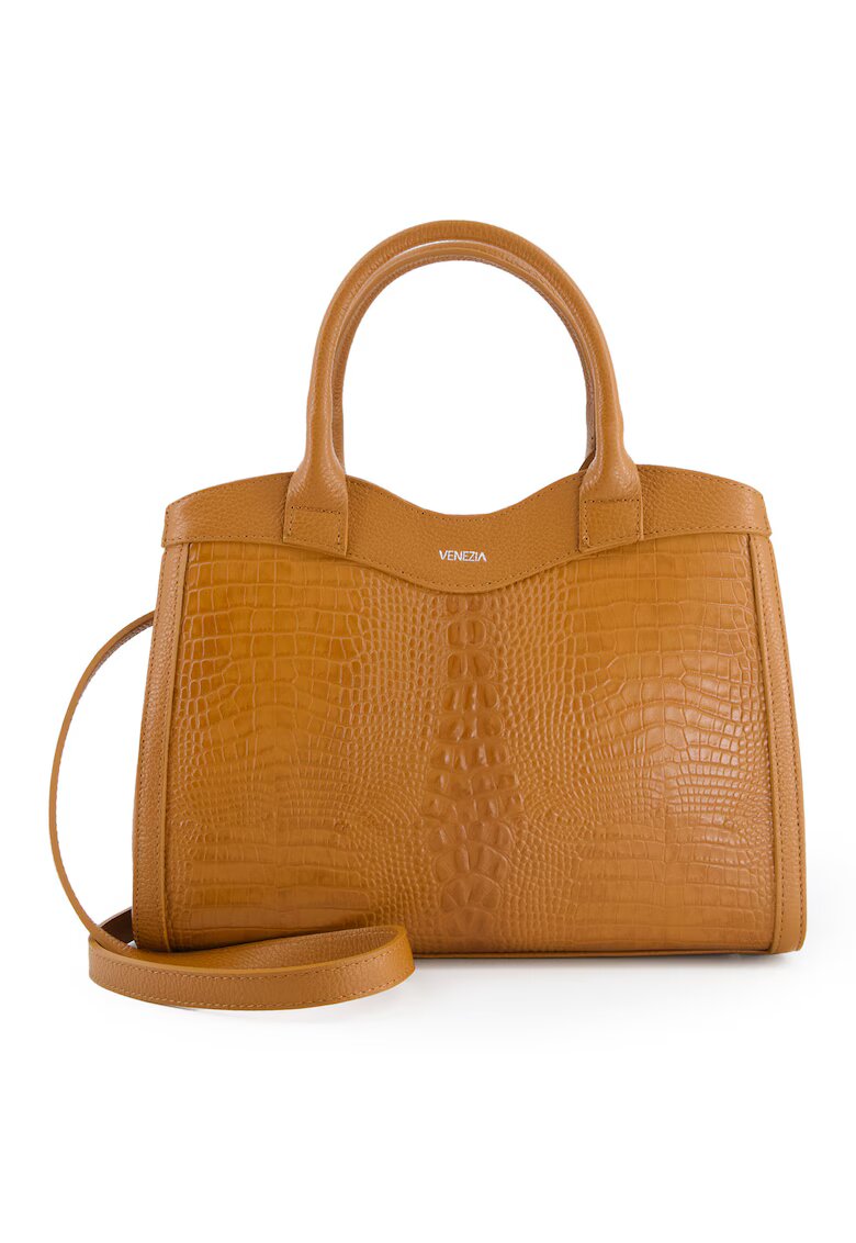 VENEZIA Geanta de dama Bucket - piele naturala - 33x25x8cm - cu 3 compartimente interioare - curea detasabila 114cm - Maro