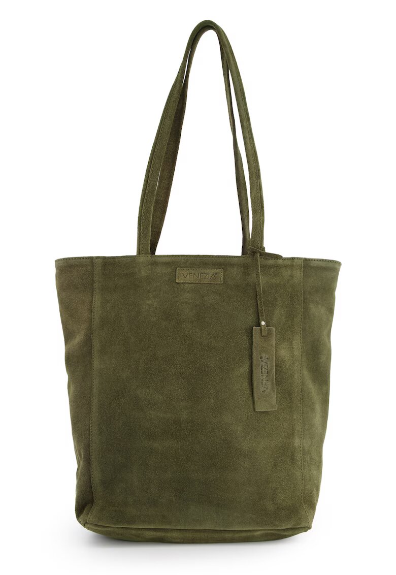 VENEZIA Geanta de umar din piele intoarsa verde - 37x40x14cm - cu 2 buzunare interioare