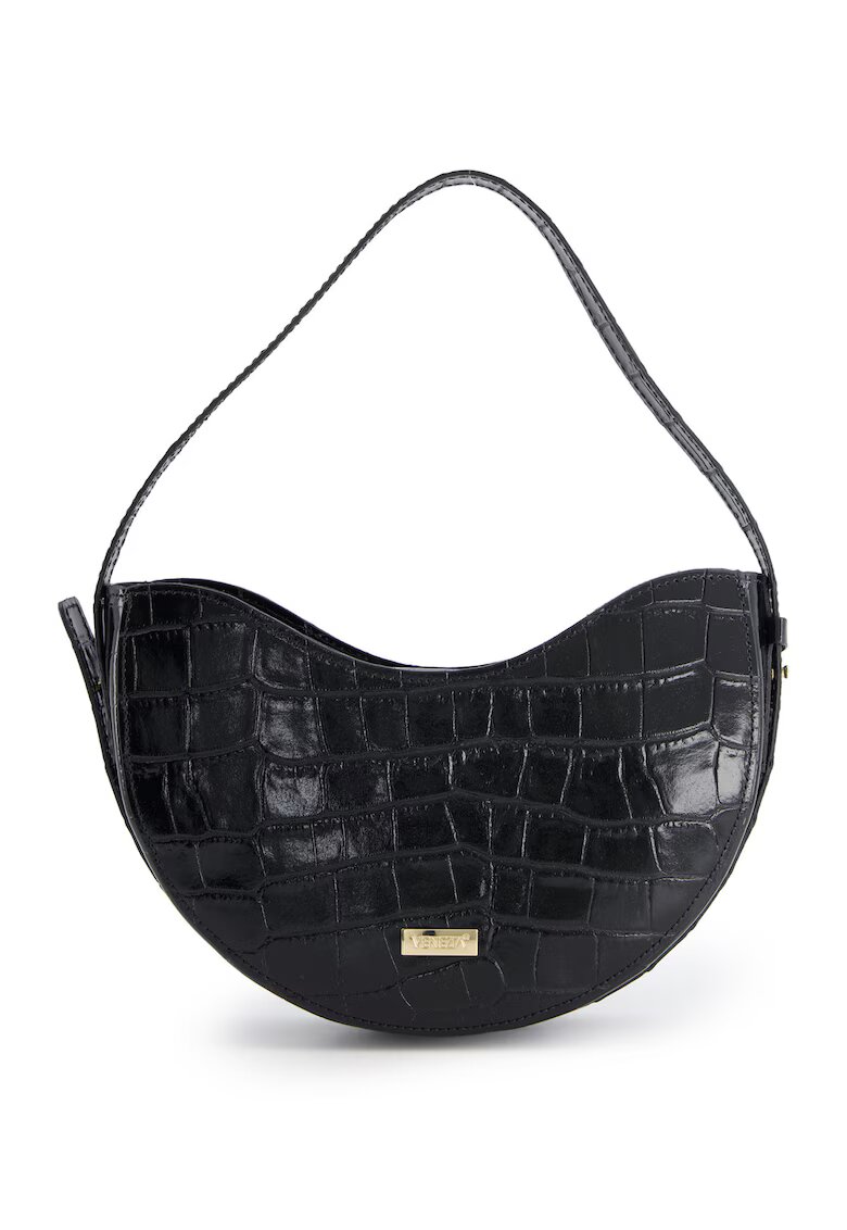 VENEZIA Geanta de umar - piele naturala lacuita - neagra - 14x25x6cm - lungime maxima curea 91cm