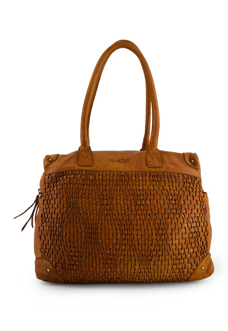 VENEZIA Geanta de umar - piele naturala - maro - 29x36x14cm - 3 compartimente interioare - 3 compartimente exterioare