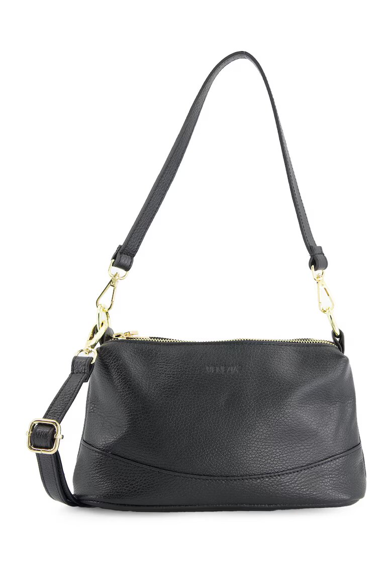 VENEZIA Geanta de umar - piele naturala - neagra - 16x26x10cm - 3 compartimente - detalii aurii