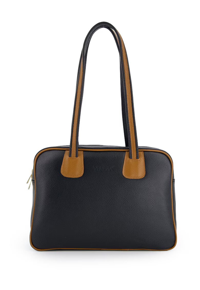 VENEZIA Geanta de umar - piele naturala - neagra - 36x26x10cm - 3 buzunare interioare - detalii aurii
