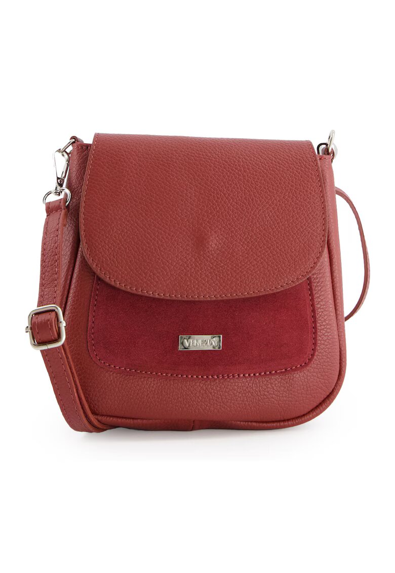 VENEZIA Geanta de umar - piele naturala - rosie - 19x20x7cm - cu 3 buzunare - curea detasabila max 124cm