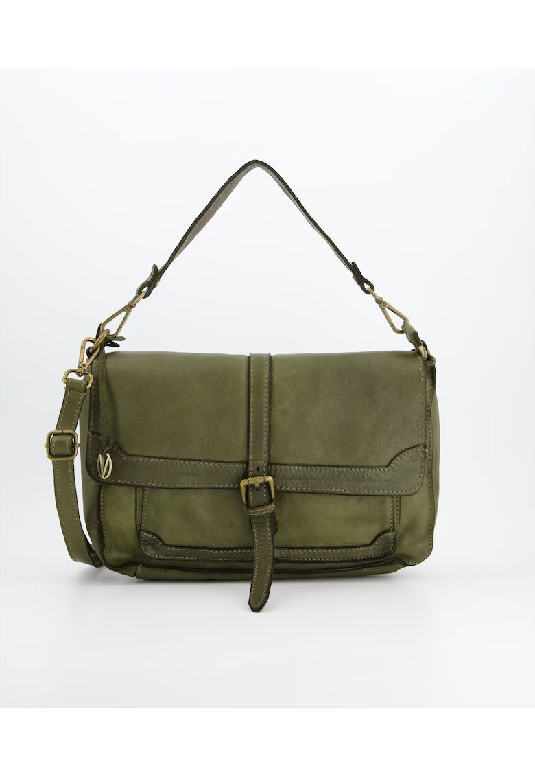 VENEZIA Geanta de umar piele naturala - verde - 20x32x9cm - 3 buzunare interioare - 2 buzunare exterioare