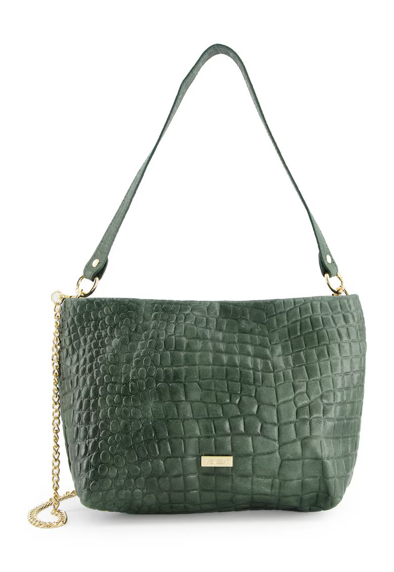 VENEZIA Geanta messenger dama piele intoarsa - verde - 20x30x11cm - cu lant auriu - curea detasabila 111cm