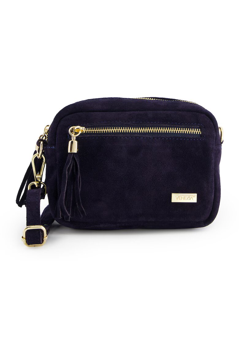 VENEZIA Geanta messenger din piele intoarsa albastra - cu franjuri - 14x20x7cm - curea detasabila max 129cm
