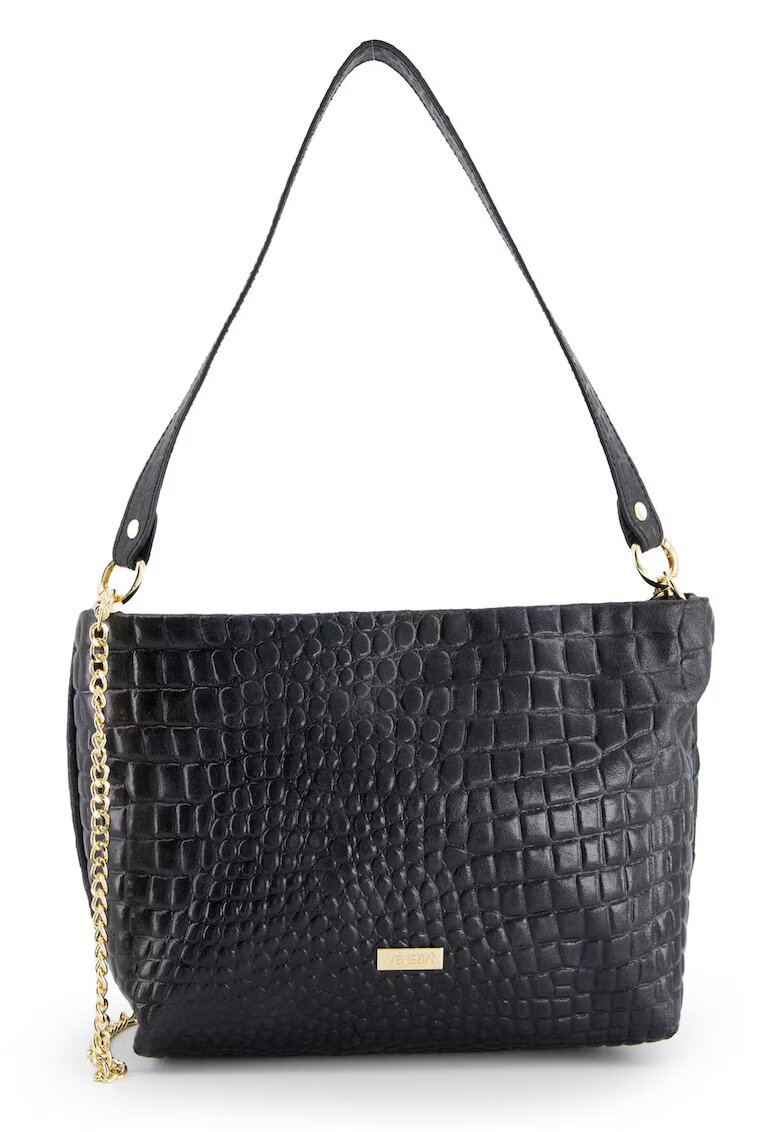 VENEZIA Geanta messenger din piele intoarsa - neagra - 20x30x11cm - cu lant auriu - curea detasabila 111cm
