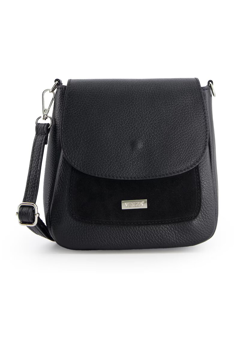 VENEZIA Geanta messenger din piele naturala -19x20x7cm - cu 1 buzunar interior si 2 exterioare - curea detasabila - Negru