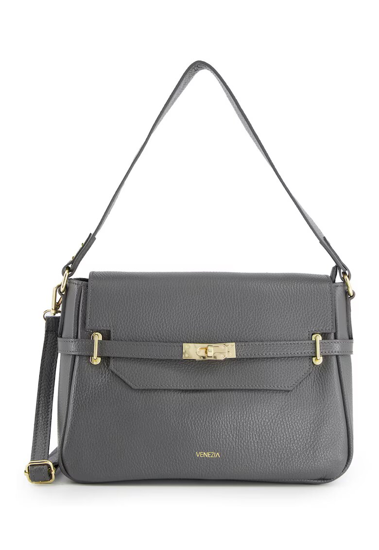 VENEZIA Geanta messenger din piele naturala gri - 31x22x12cm - cu 3 buzunare interioare - curea detasabila max 117cm