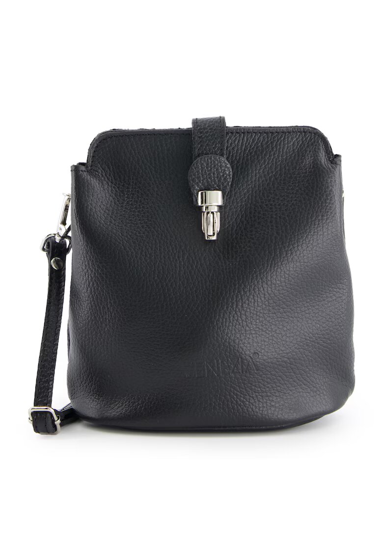 VENEZIA Geanta messenger din piele naturala neagra - 20x19x10cm - cu curea detasabila - elemente metalice argintii