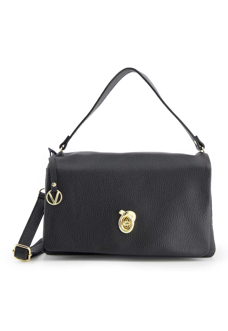 VENEZIA Geanta messenger din piele naturala - neagra - 30x18x18cm - cu manere de 43cm - curea detasabila max 128cm - elemente metalice aurii