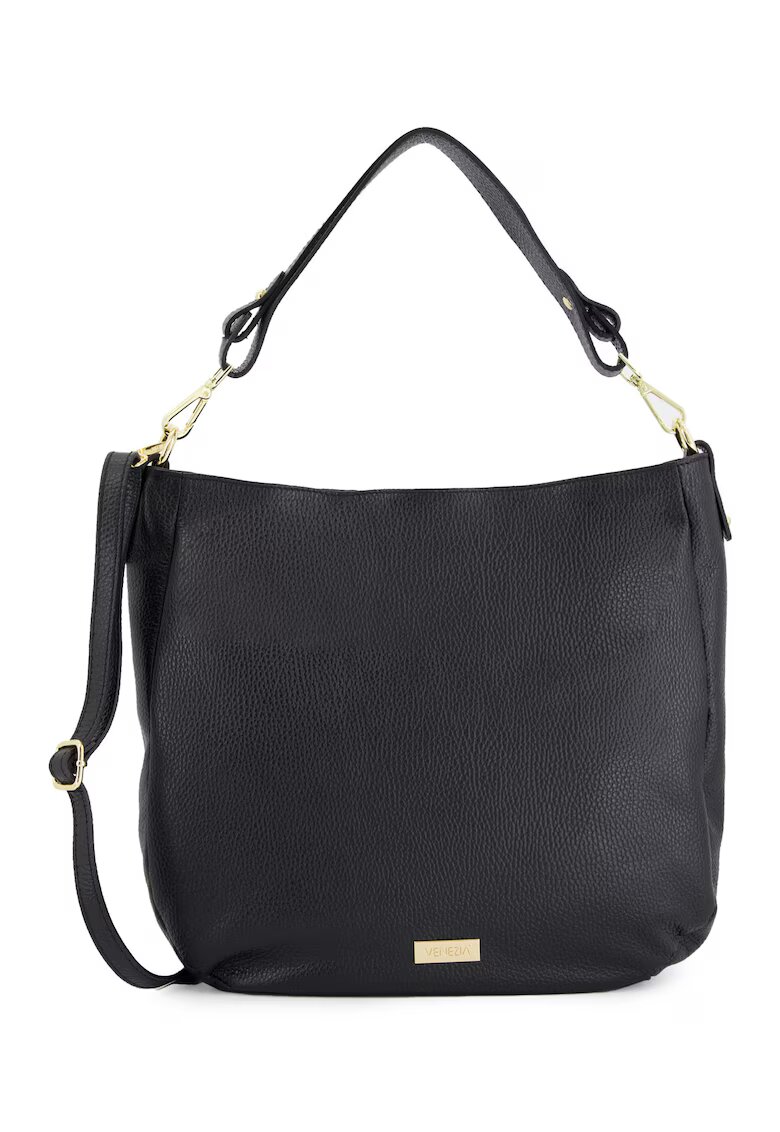 VENEZIA Geanta shopper dama piele naturala - neagra - 33x34x11cm - cu 3 buzunare interioare - curea detasabila 112cm