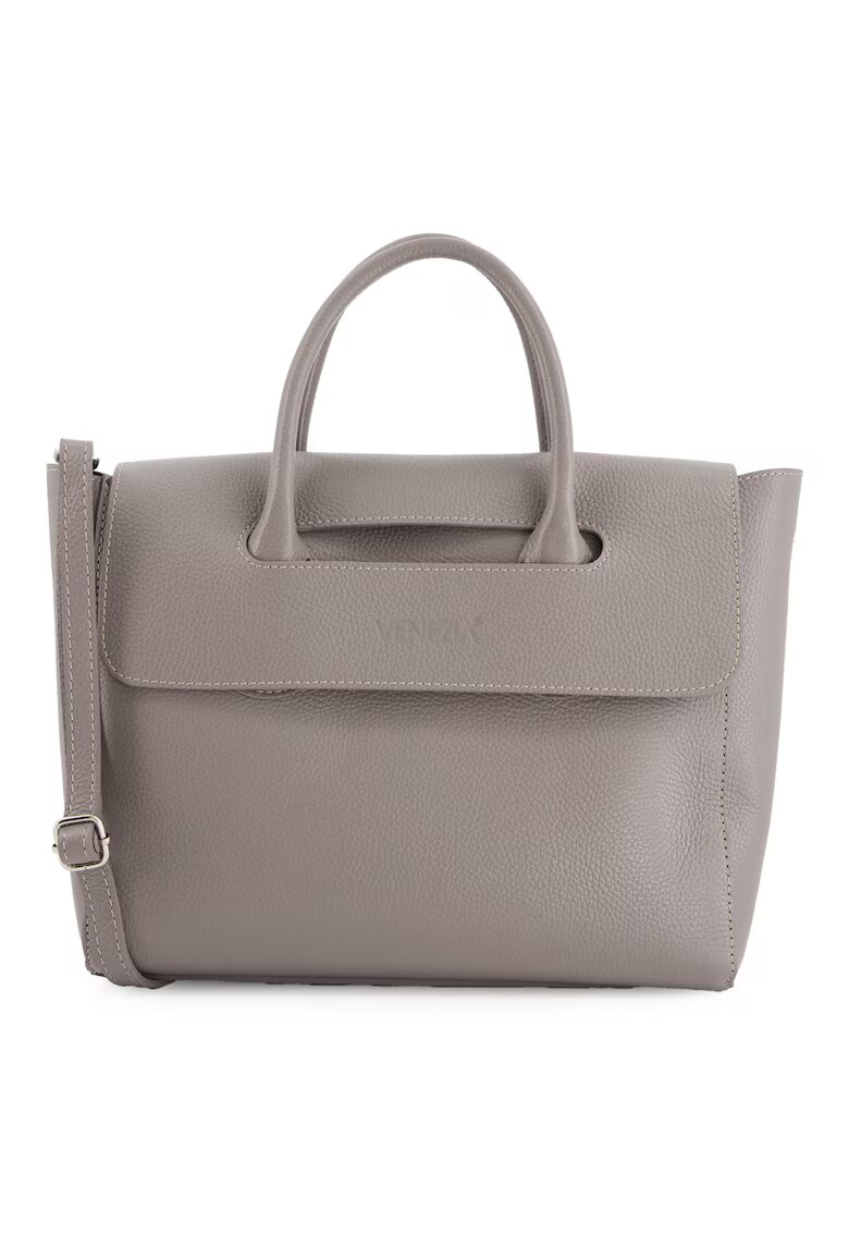 VENEZIA Geanta shopper din piele naturala - gri - 32x26x11cm - cu curea detasabila - 2 buzunare interioare