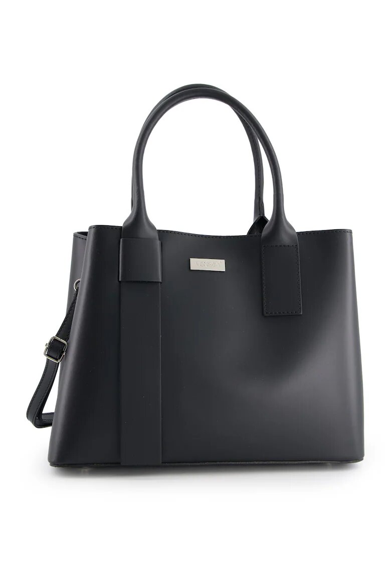 VENEZIA Geanta shopper din piele naturala neagra - dimensiuni 26x34x16cm - cu 3 compartimente - curea detasabila 130cm
