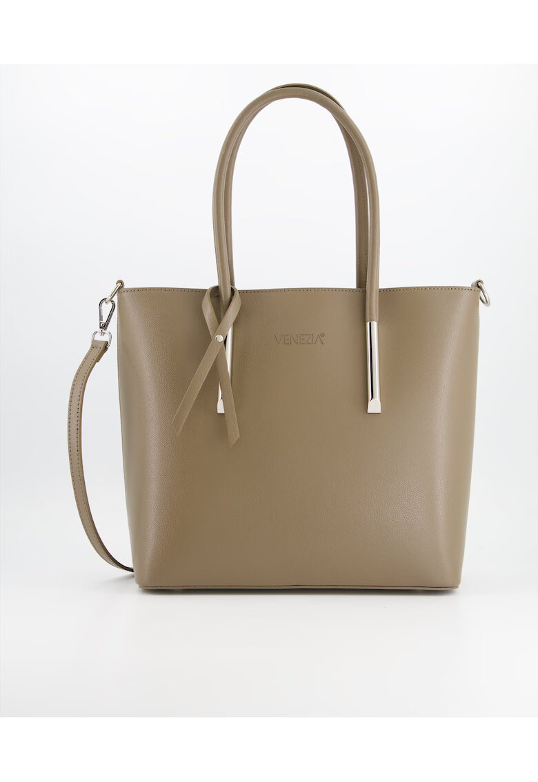 VENEZIA Geanta shopper maro - piele naturala - 29x30x12cm - cu 3 compartimente interioare - curea detasabila 121cm
