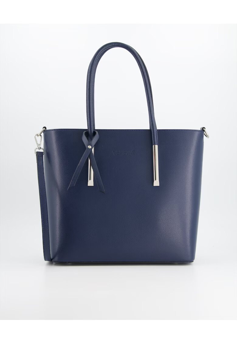 VENEZIA Geanta shopper piele naturala - albastru - 29x30x12cm - 3 compartimente interioare - curea detasabila 121cm