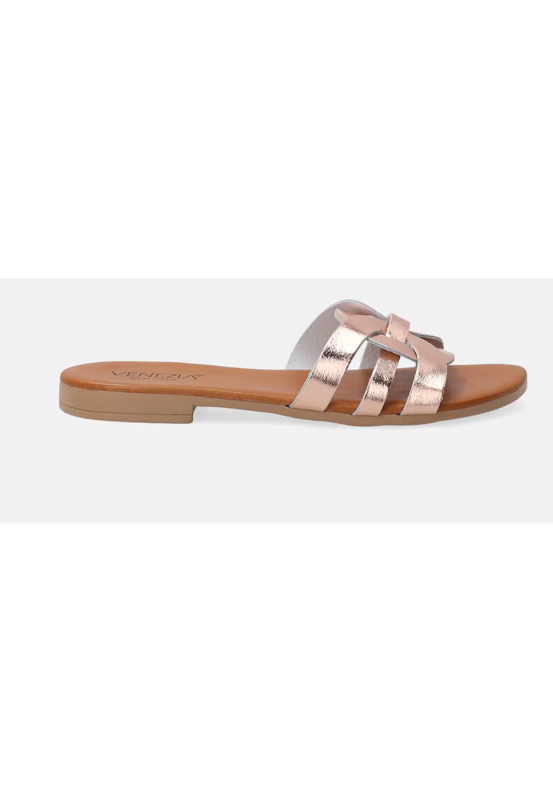VENEZIA Papuci de piele cu aspect metalic si decupaje