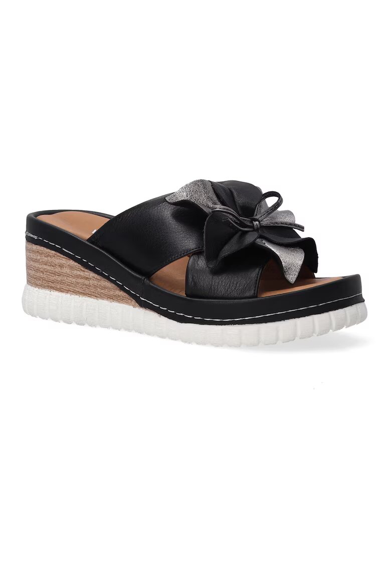 VENEZIA Papuci wedge din piele - cu aplicatie florala