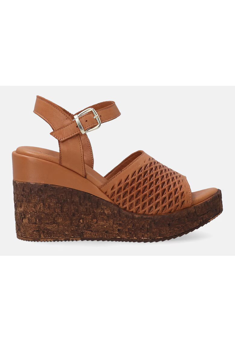 VENEZIA Sandale wedge de piele cu aspect ajurat si catarama