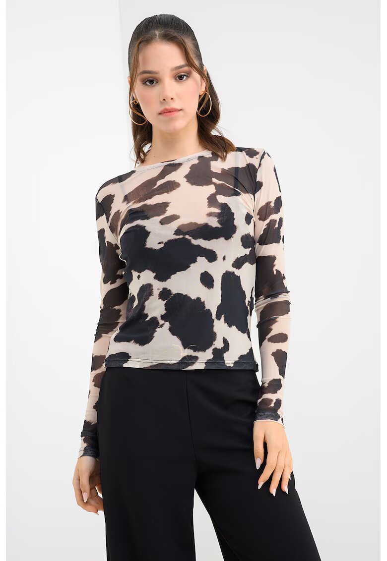 Vero Moda Bluza cu decolteu rotund si imprimeu - Negru/Bej deschis